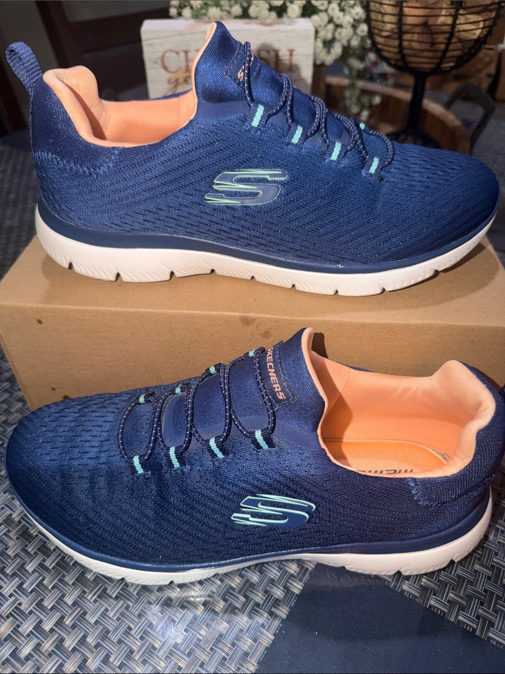 Skechers Navy Knit Slip-On Sneakers with Peach Lining
